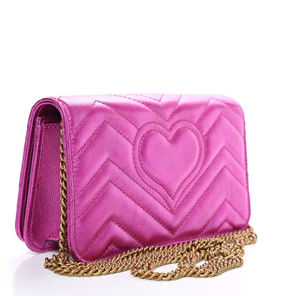 Gucci Metallic Calfskin Matelasse Crystal GG Marmont Mini Bag Fuchsia 2 of 9