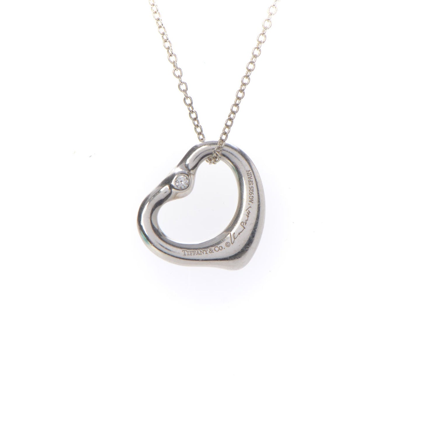 Sterling Silver Diamond 16mm Elsa Peretti Open Heart Pendant Necklace