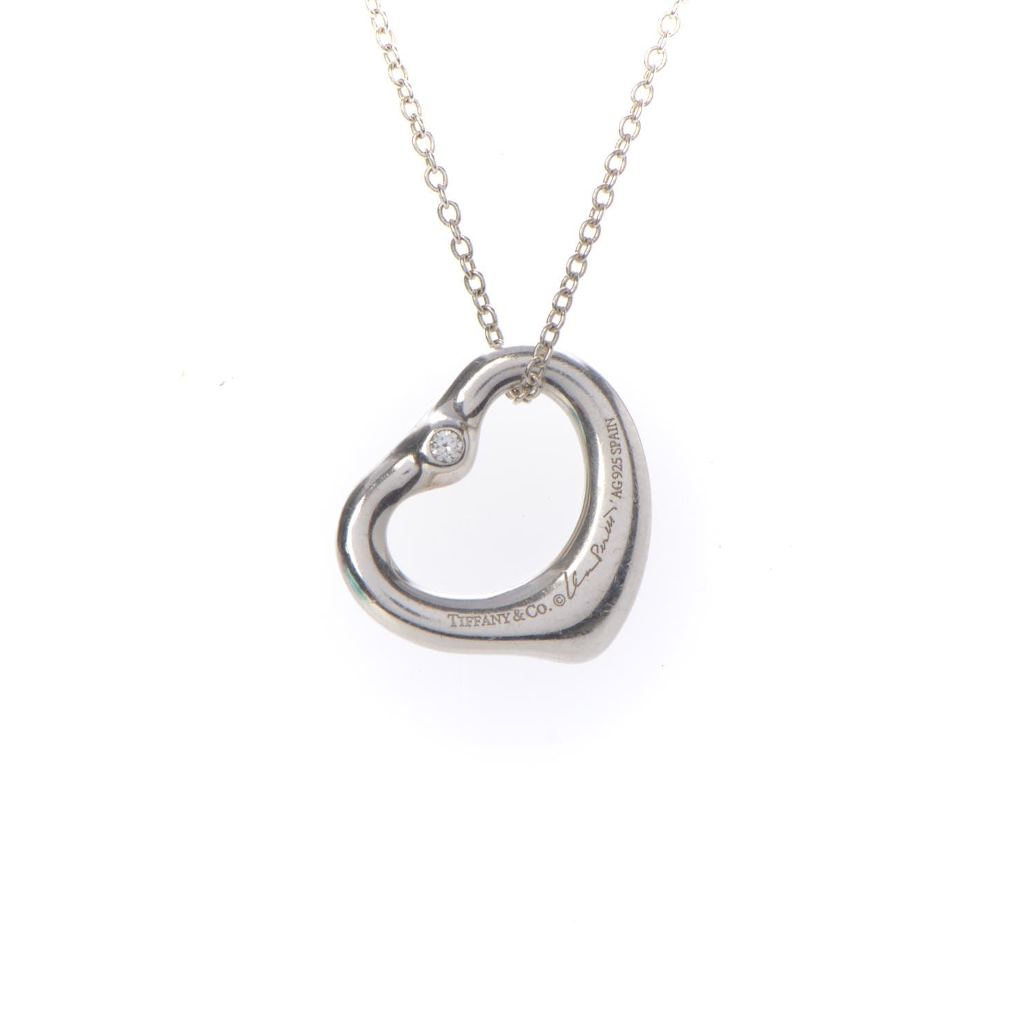 Tiffany Sterling Silver Diamond 16mm Elsa Peretti Open Heart Pendant Necklace 9 of 10