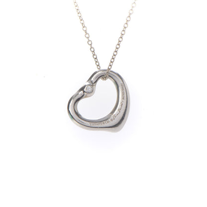 Tiffany Sterling Silver Diamond 16mm Elsa Peretti Open Heart Pendant Necklace 9 of 10