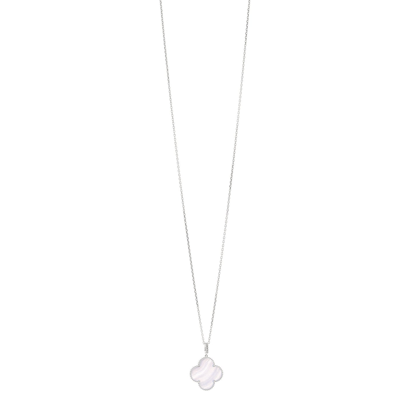 18K White Gold Chalcedony Magic Alhambra Pendant Long Necklace