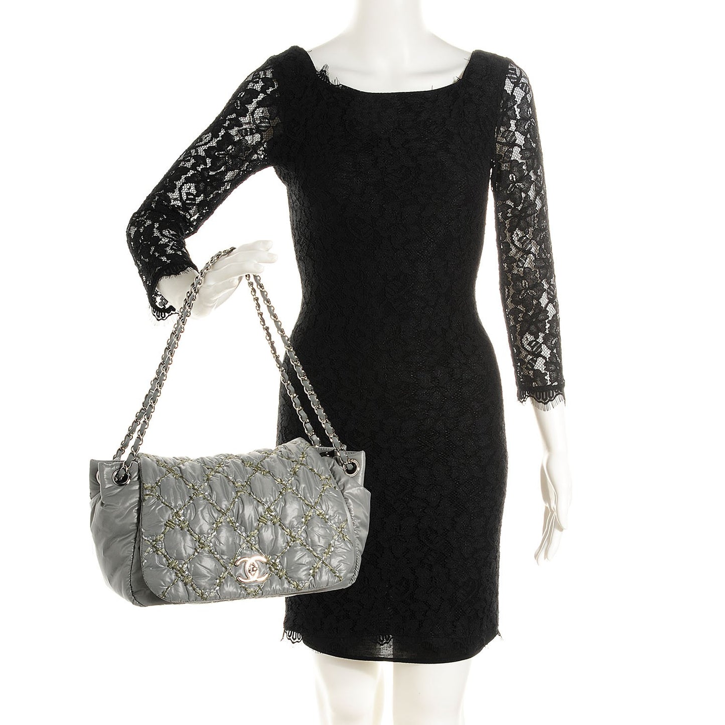 Nylon Quilted Tweed Stitch Bubble Flap Grey