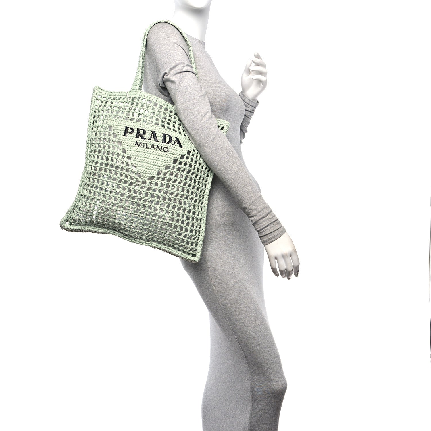 Prada Yarn Raffia Effect Crochet Logo Embroidered Tote Bag Acqua 3 of 10