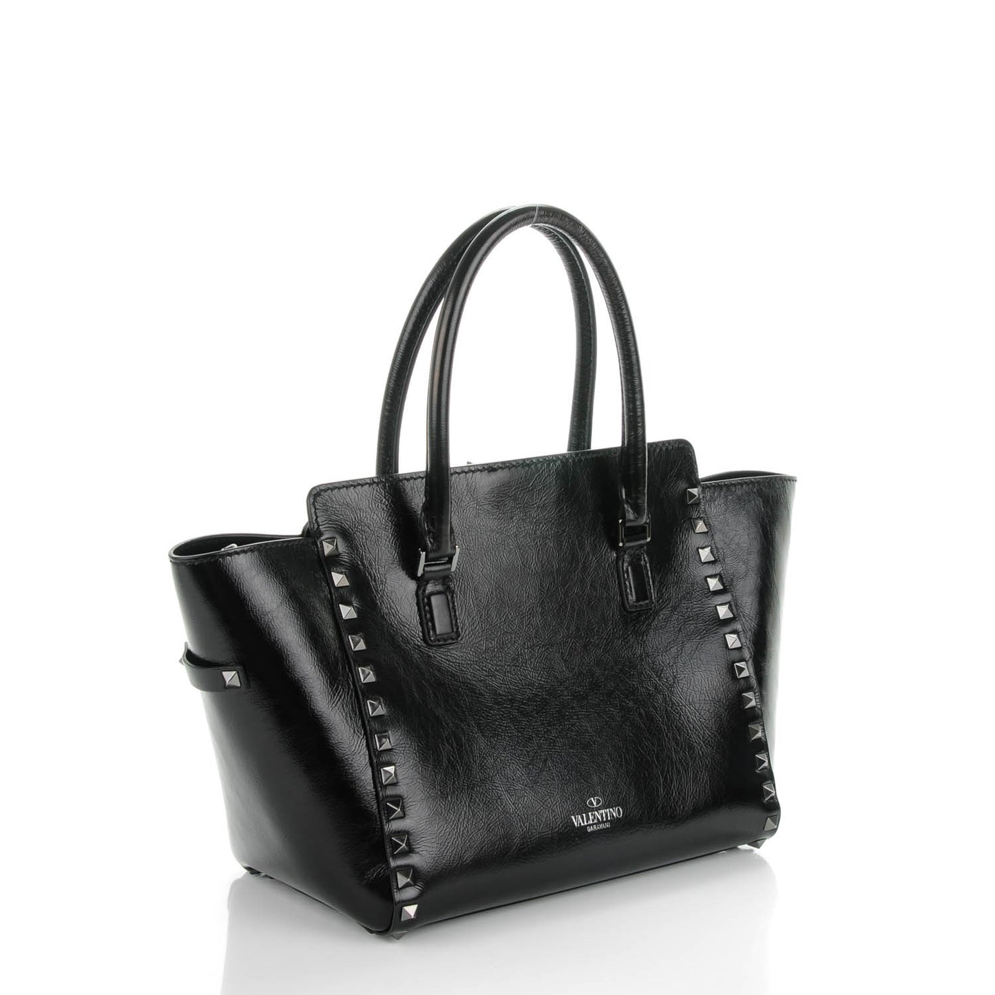 Craquele Calfskin Small Rockstud Double Handle Tote Black