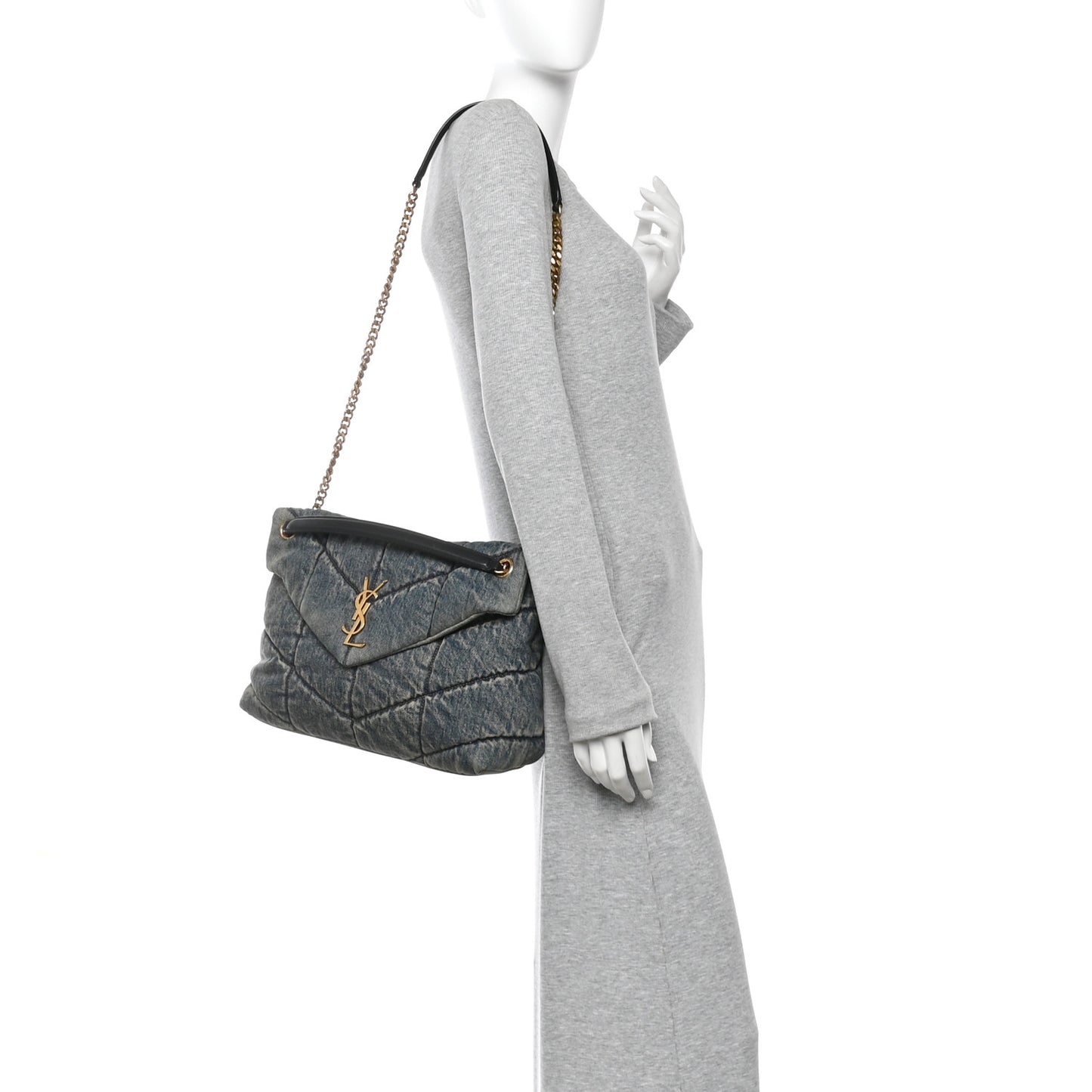 Denim Quilted Medium Loulou Puffer Monogram Chain Satchel Blue Cinnamon