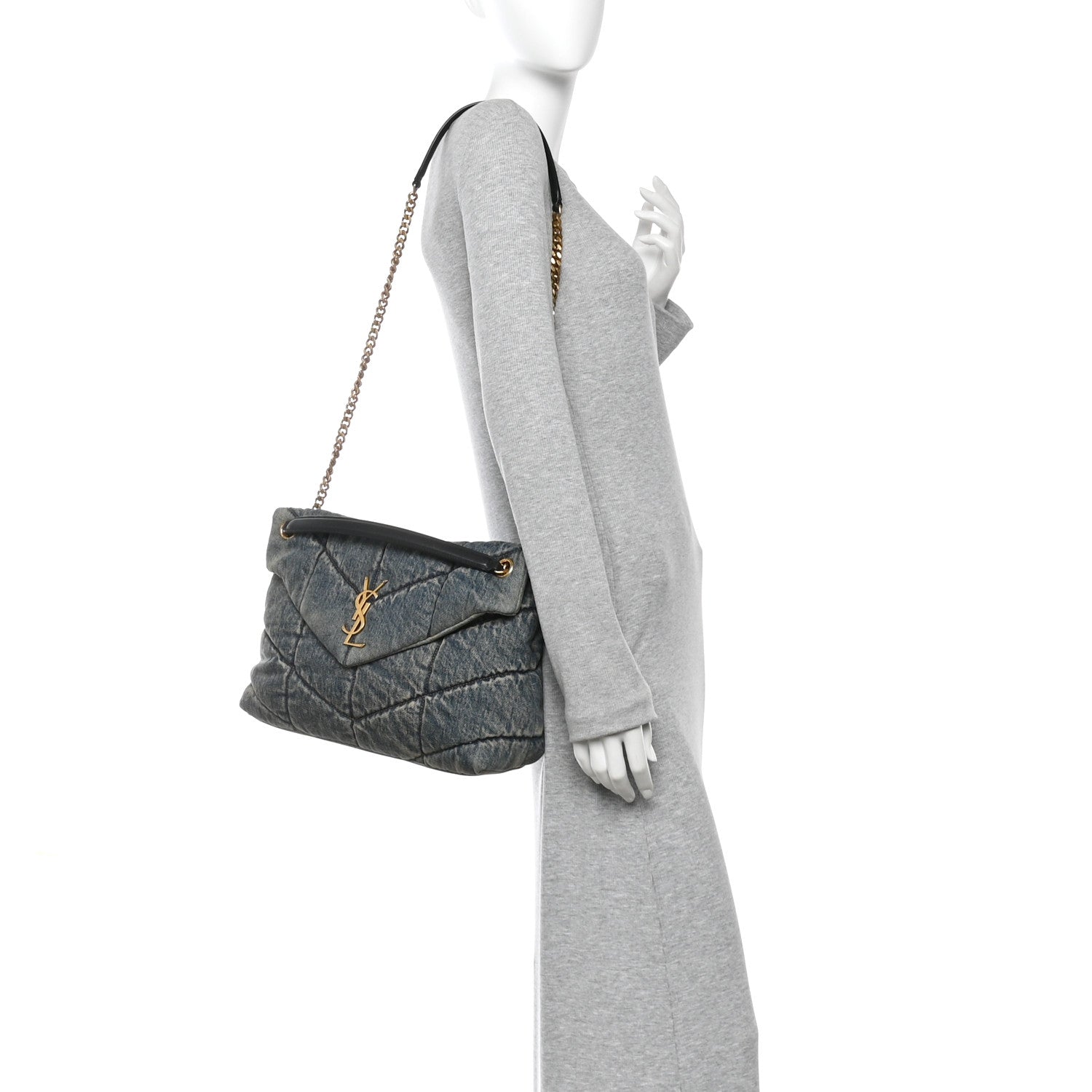 Saint Laurent Denim Quilted Medium Loulou Puffer Monogram Chain Satchel Blue Cinnamon 2 of 10