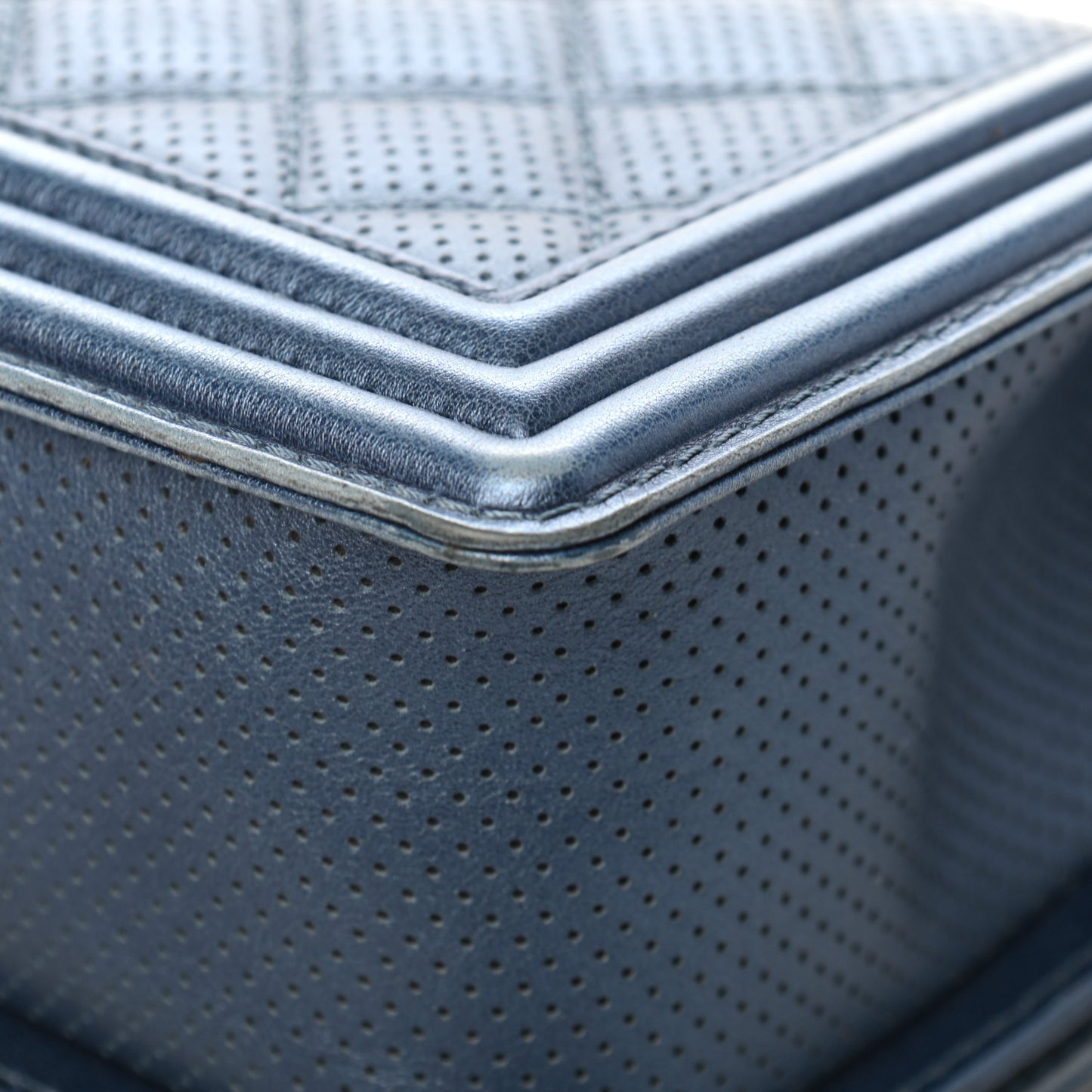 Metallic Lambskin Perforated Quilted Medium Boy Flap Blue