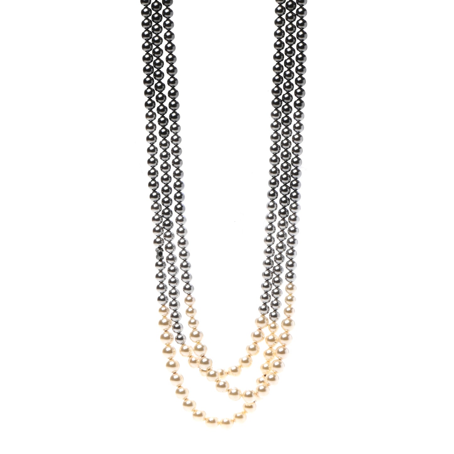 Graduated Pearl CC Multi 3 Strand Necklace Ruthenium Grey Black