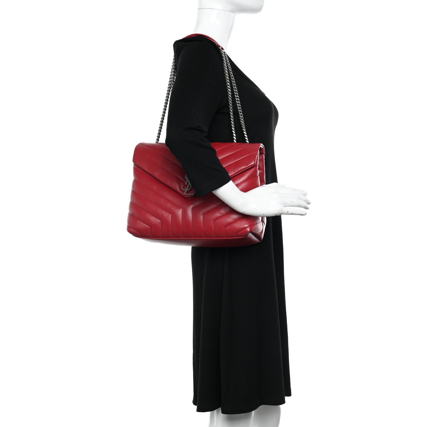 Saint Laurent Calfskin Y Quilted Monogram Medium Loulou Chain Satchel Lipstick Red 3 of 11