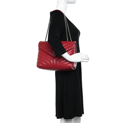 Saint Laurent Calfskin Y Quilted Monogram Medium Loulou Chain Satchel Lipstick Red 3 of 11