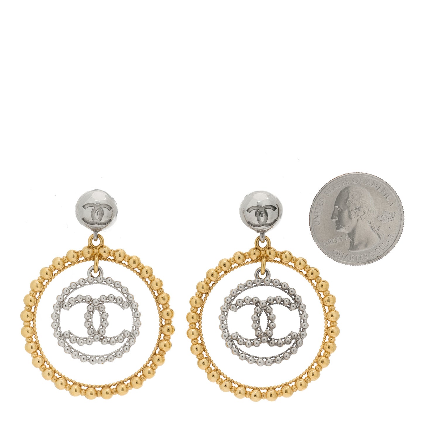 Metal Bead Round CC Drop Earrings Gold Silver