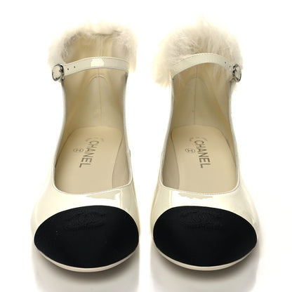 Chanel Patent Shearling Lambskin Grosgrain Cap Toe Mary Jane Low Heel Pumps 39 White Black 2 of 9