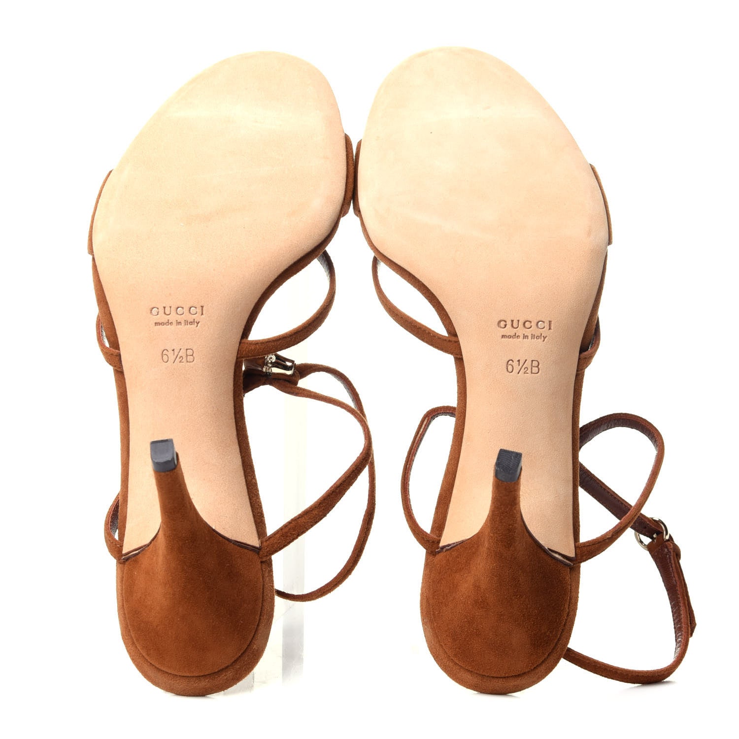 Gucci Kid Scamosciato Ankle Wrap Mid Heel Sandals 6.5 Cuoio 7 of 10