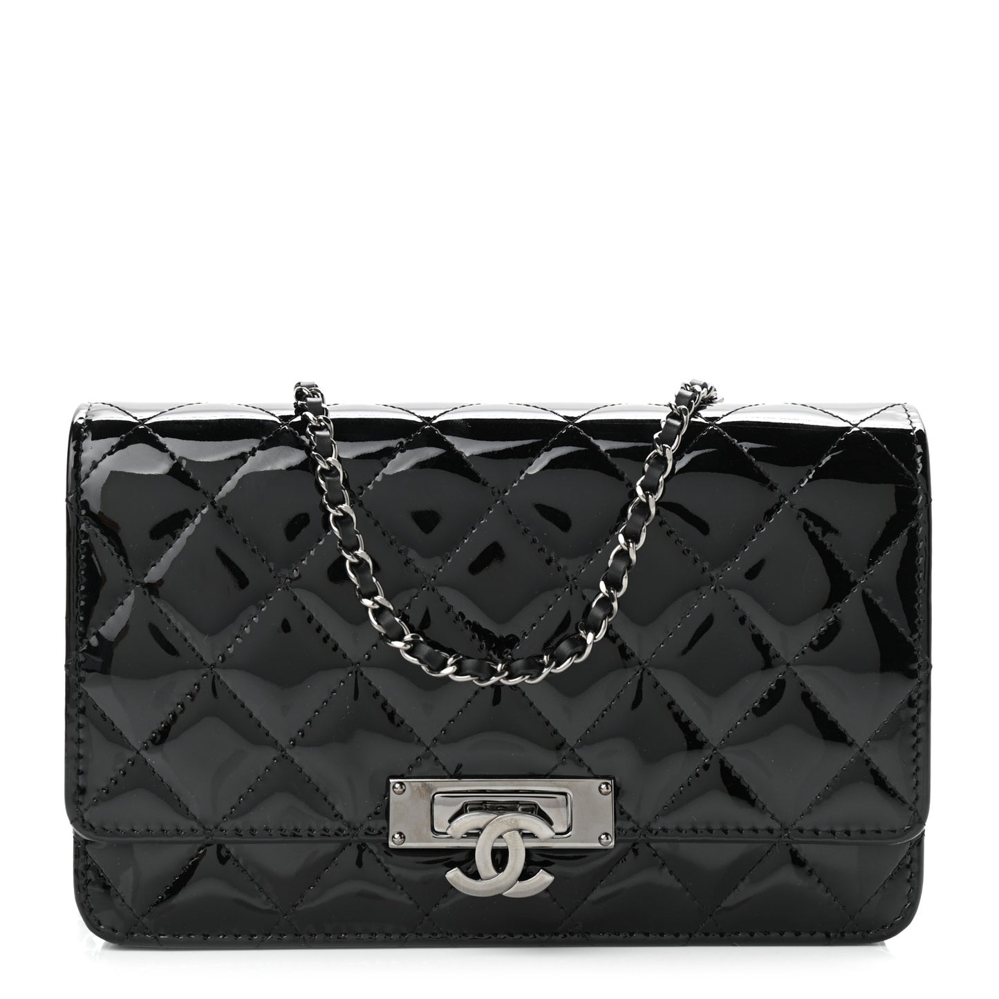 Patent Quilted Golden Class Wallet on Chain WOC Black
