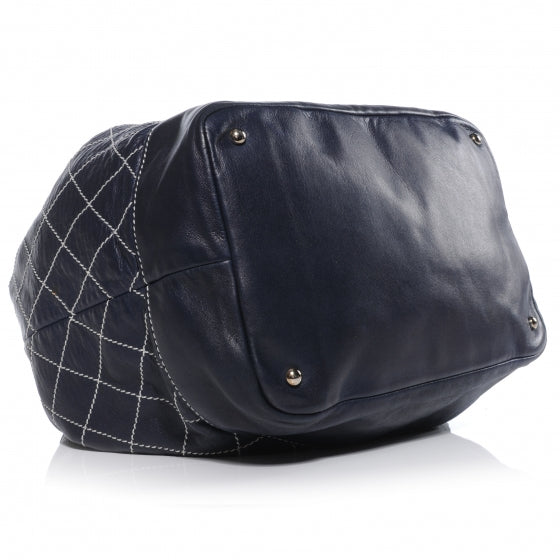 Chanel Leather Contrast Stitch Drawstring Tote Navy 4 of 8