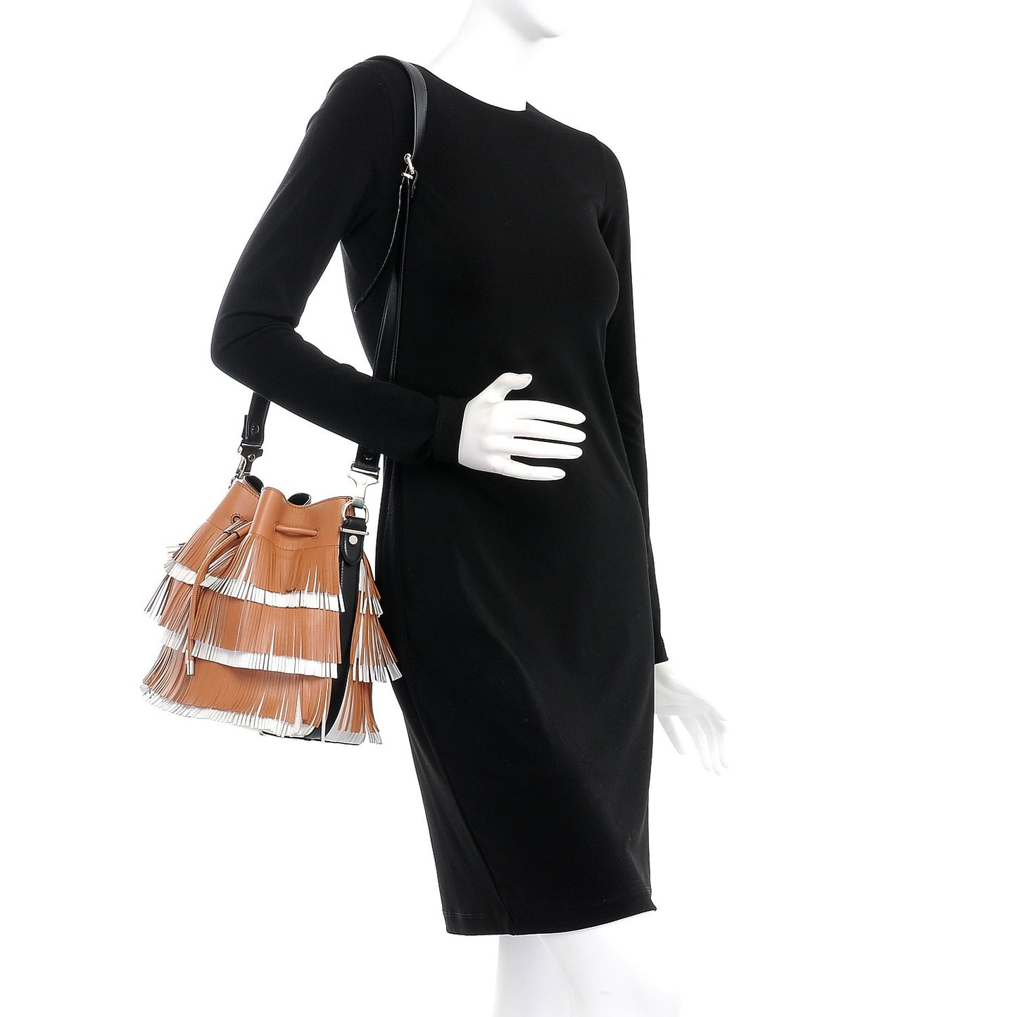 Calfskin Medium Fringe Bucket Bag Dune White