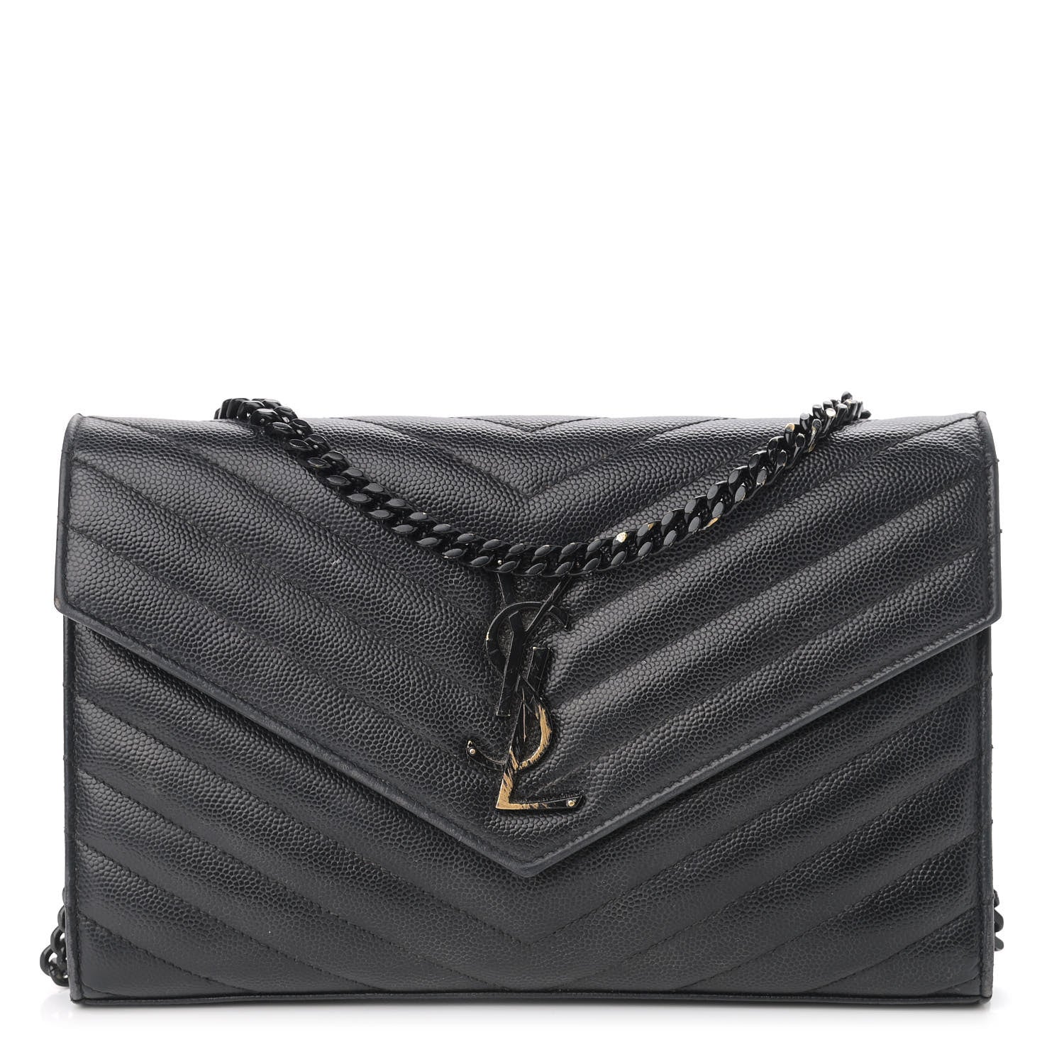 Saint Laurent Grain De Poudre Matelasse Chevron Monogram Chain Wallet Black 1 of 14