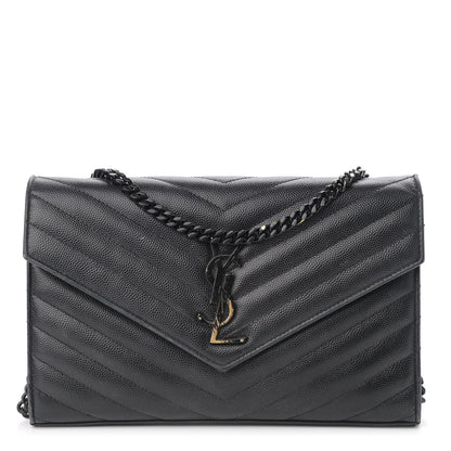 Saint Laurent Grain De Poudre Matelasse Chevron Monogram Chain Wallet Black 1 of 14