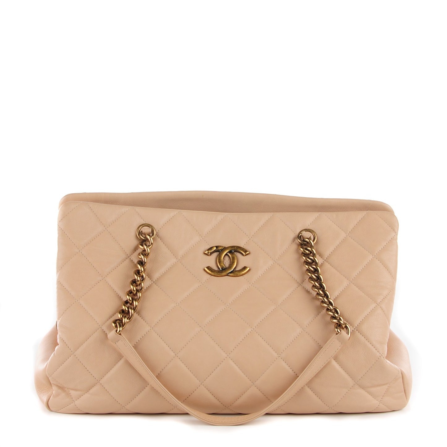 Calfskin Quilted Large CC Crown Tote Beige