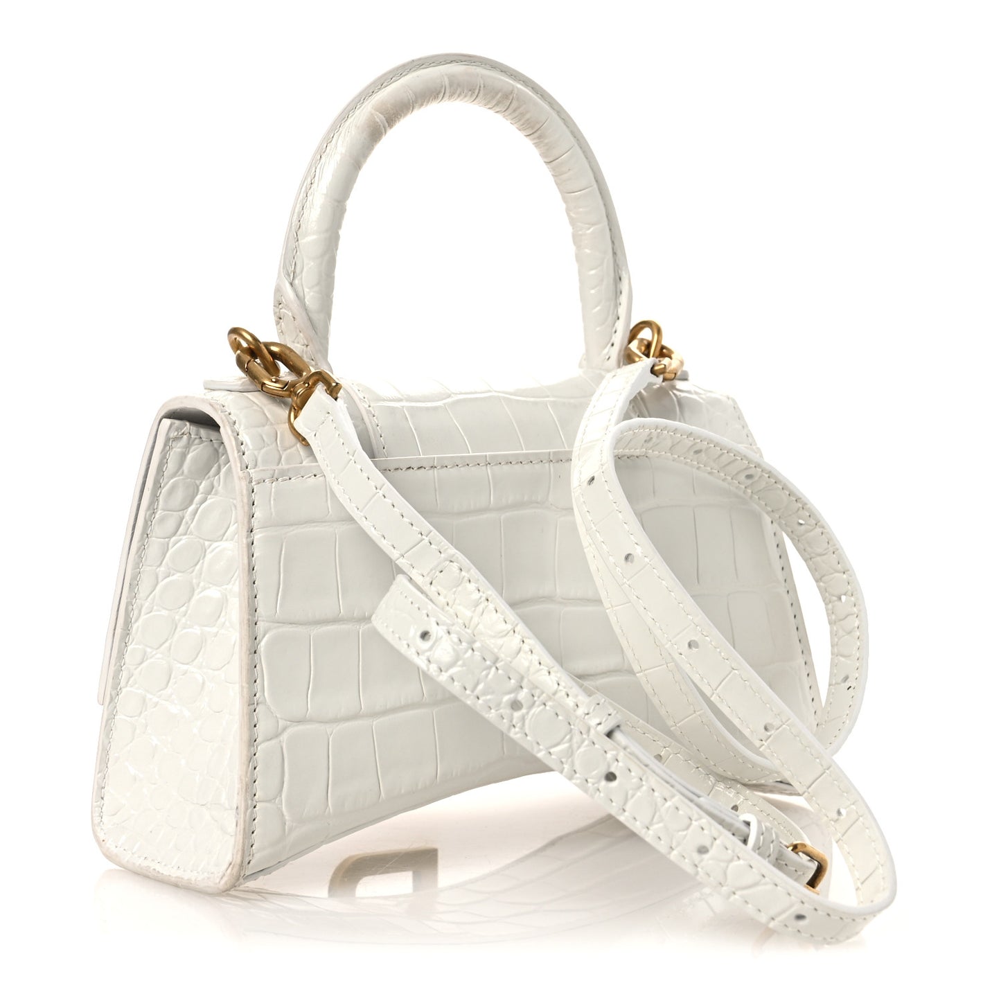 Shiny Calfskin Crocodile Embossed Hourglass Top Handle Bag XS White