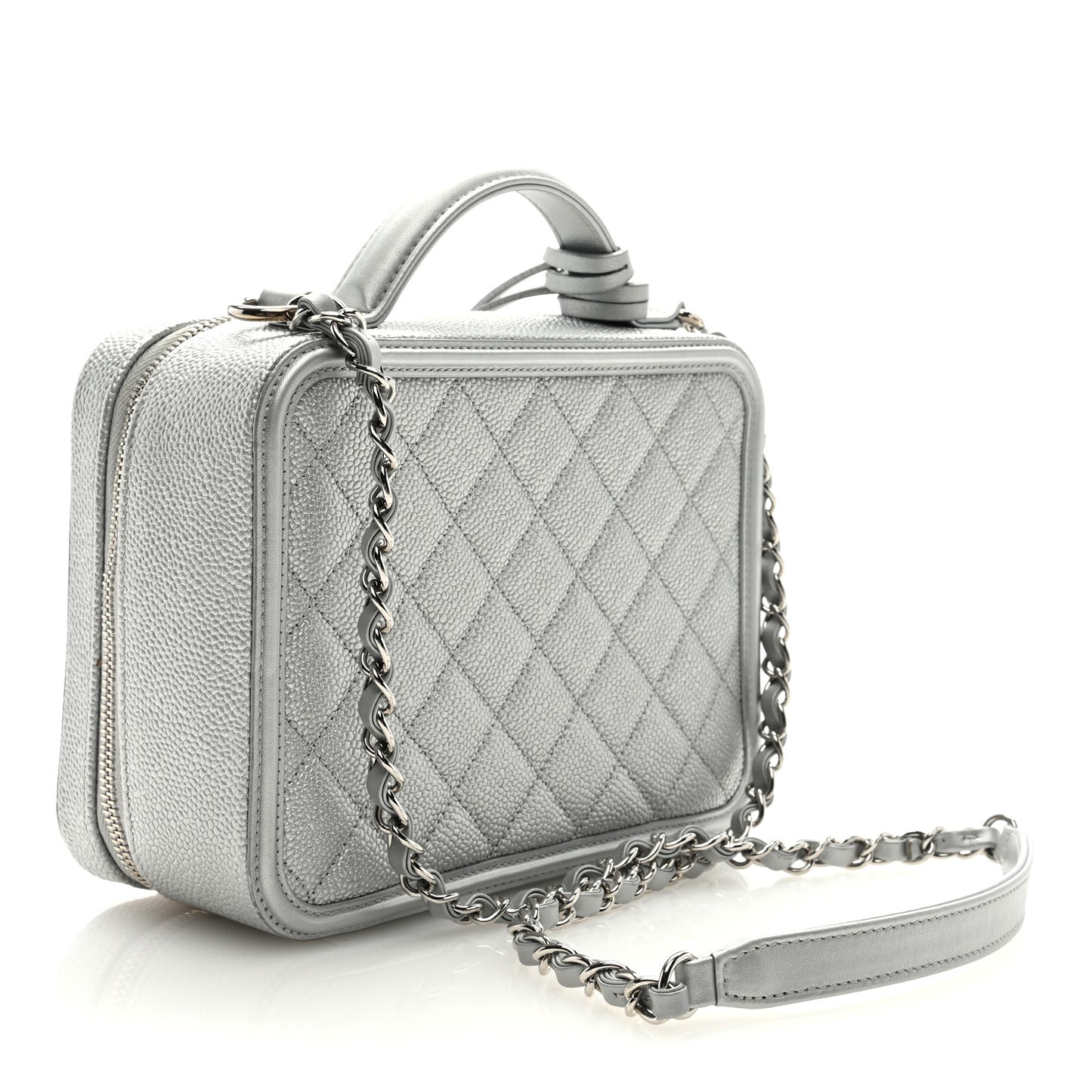 Metallic Caviar Quilted Medium CC Filigree Vanity Case Silver