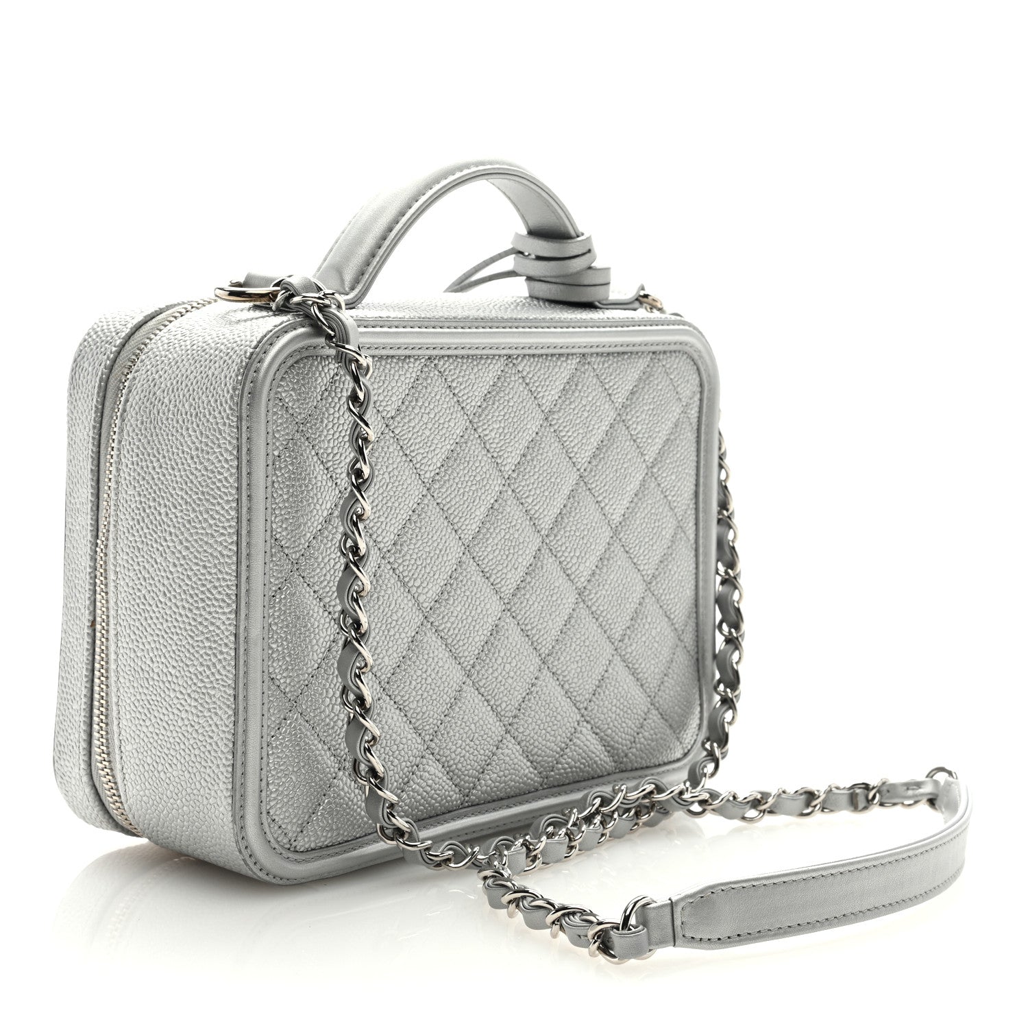 Chanel Metallic Caviar Quilted Medium CC Filigree Vanity Case Silver 2 of 9