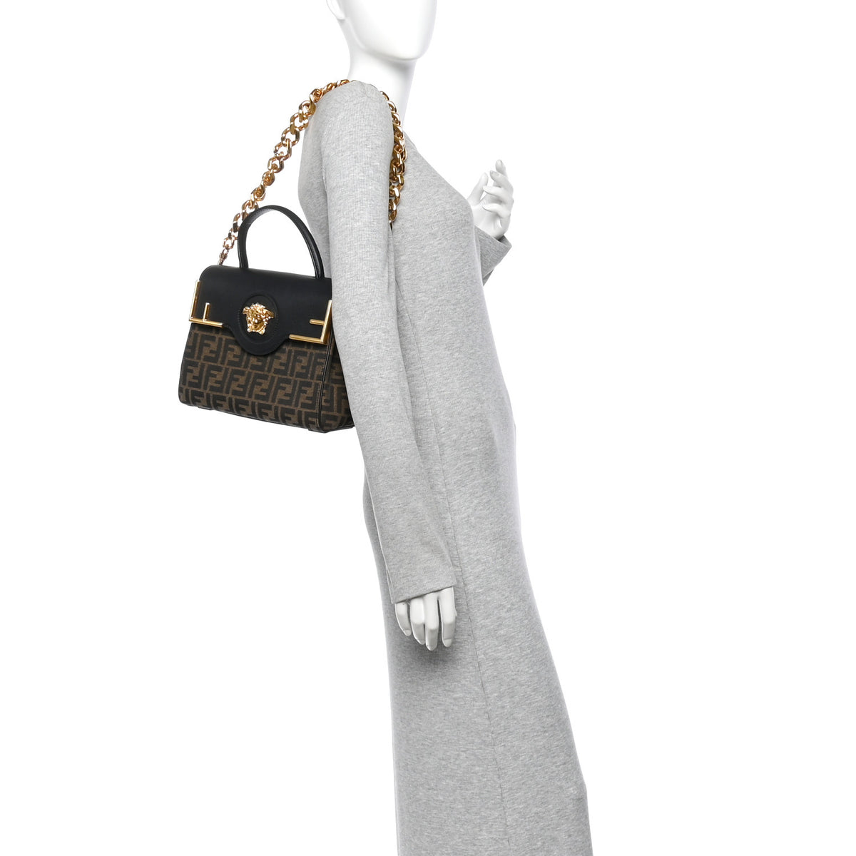 Versace X FENDI Grained Calfskin Fendace Medium La Medusa Top Handle Bag Black Brown 2 of 9