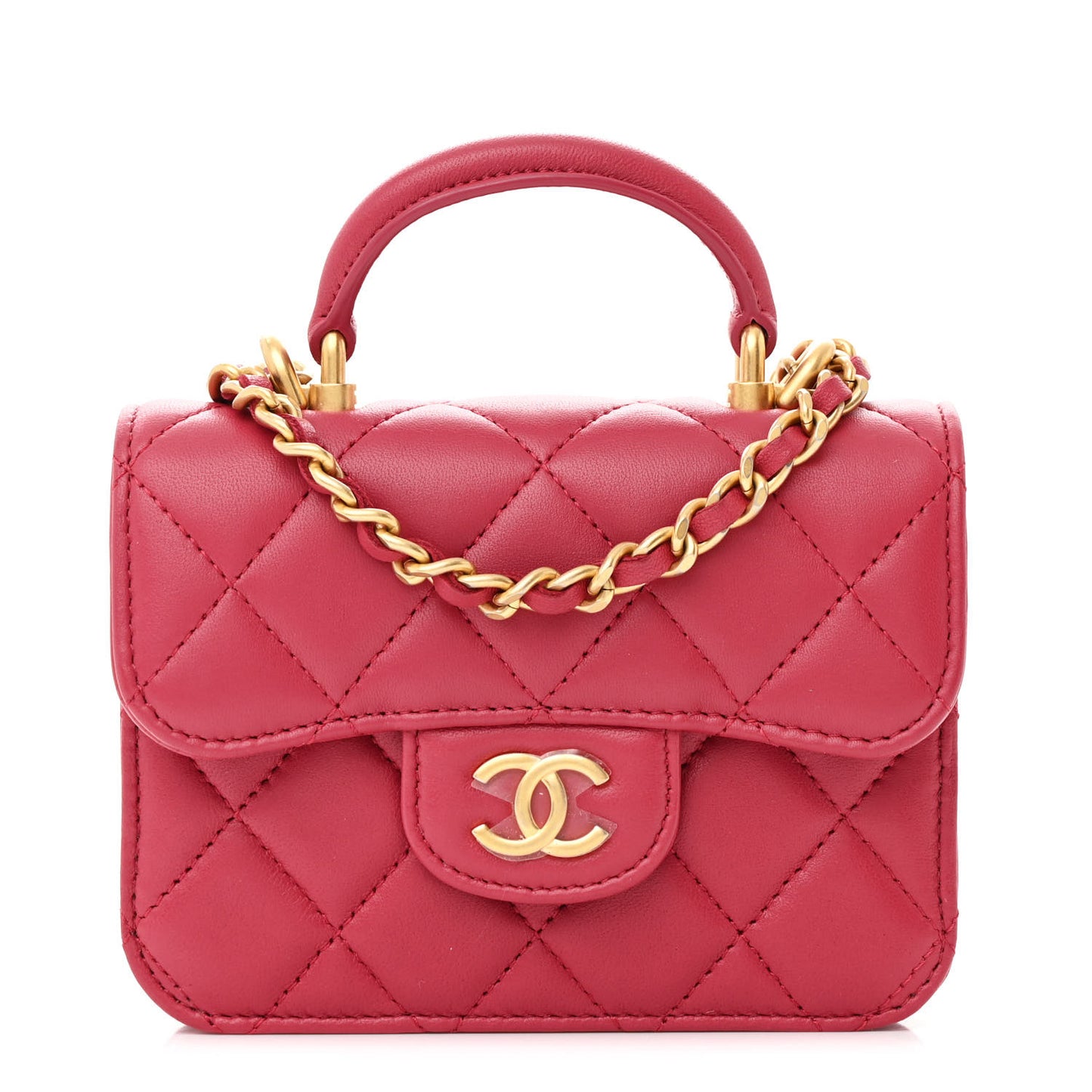 Lambskin Quilted Top Handle Flap Coin Purse With Chain Dark Pink