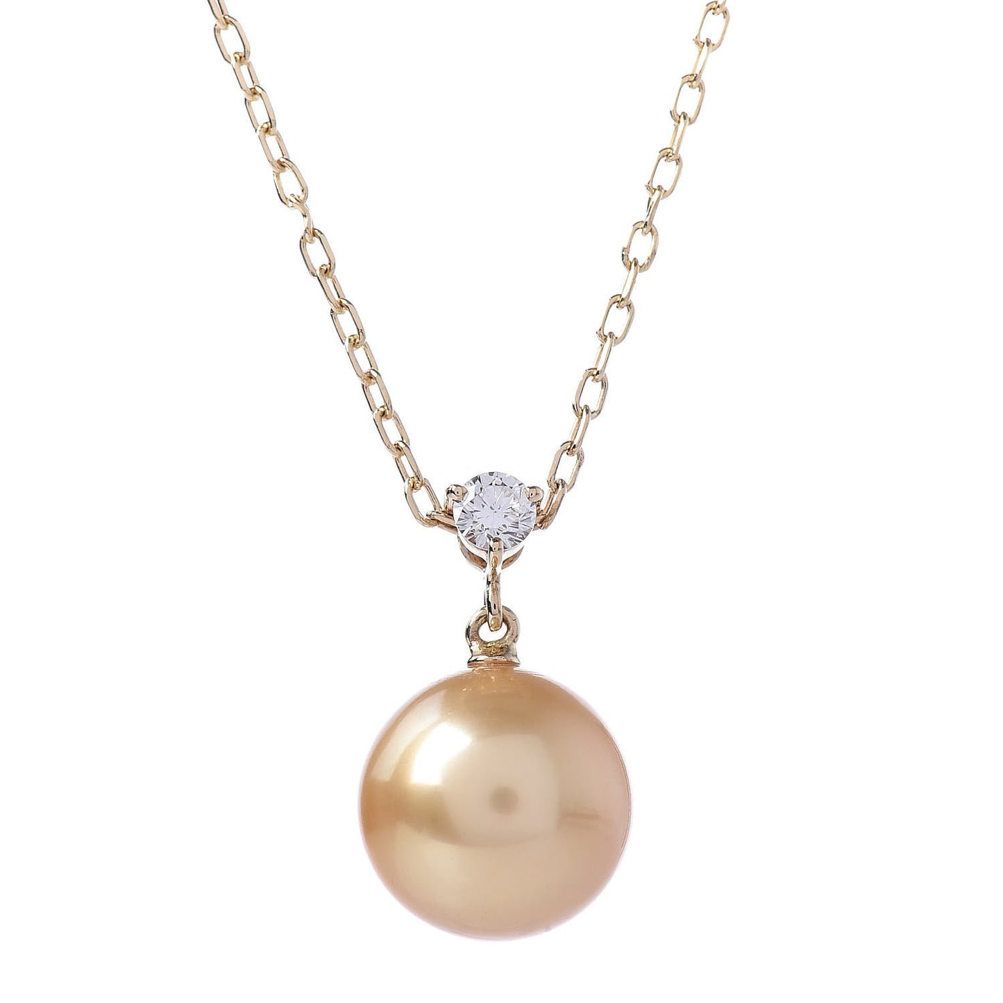 18K Yellow Gold Diamond Golden South Sea Pearl 10mm Drop Pendant Necklace
