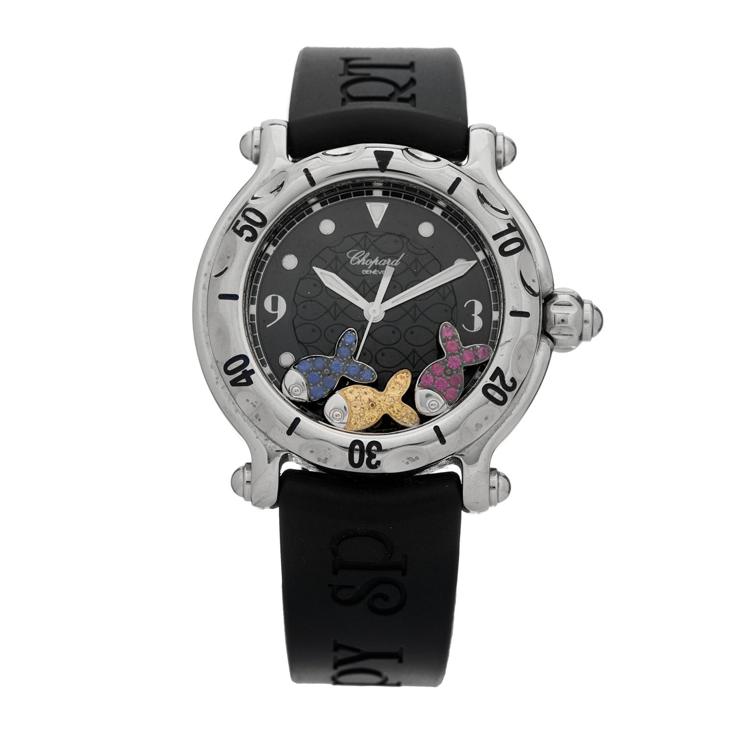 Stainless Steel Rubber Ruby Yellow Blue Sapphire 38mm Happy Sport Fish Quartz Watch Black