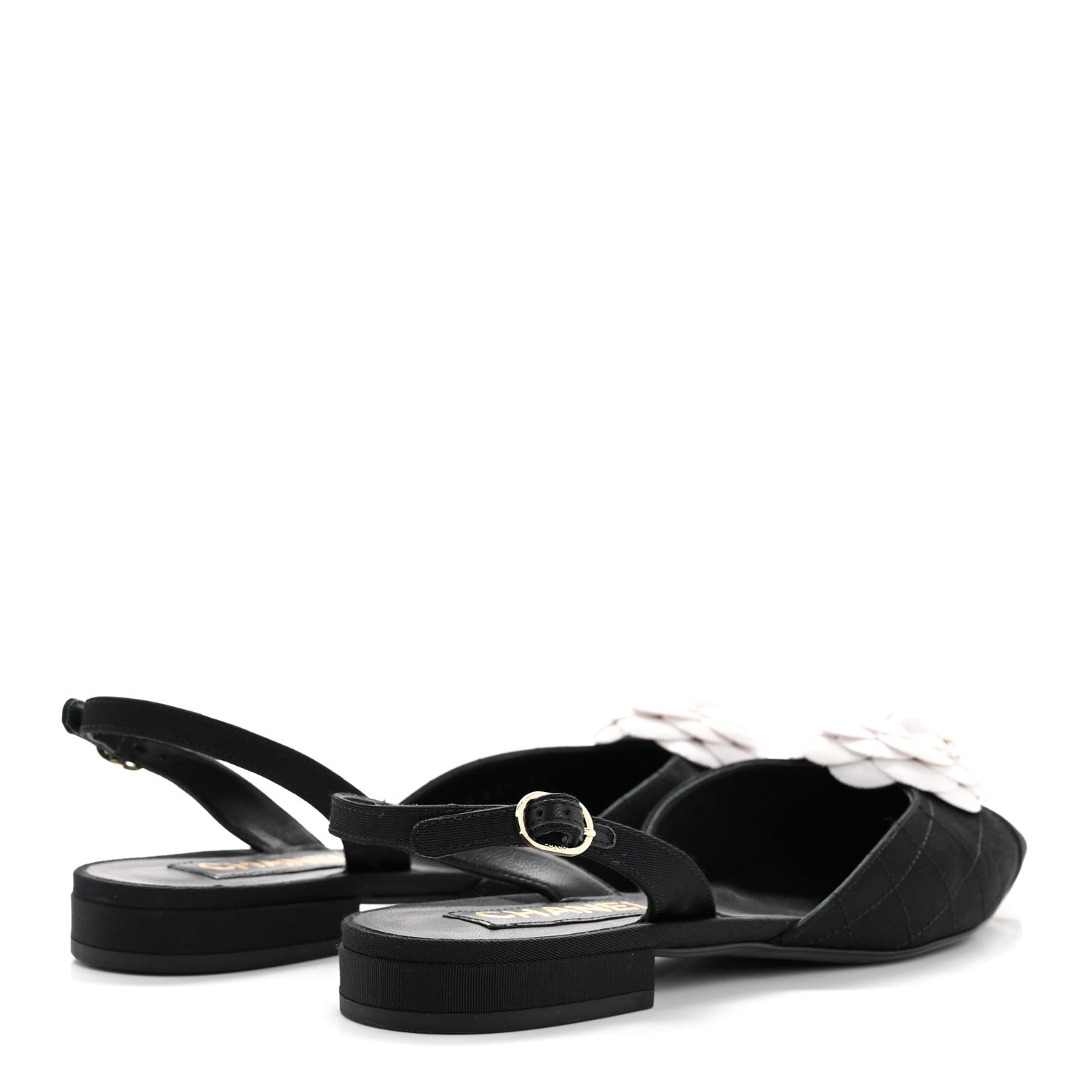 Chanel Grosgrain Camellia Slingback Flats 39.5 Black White 14 of 36