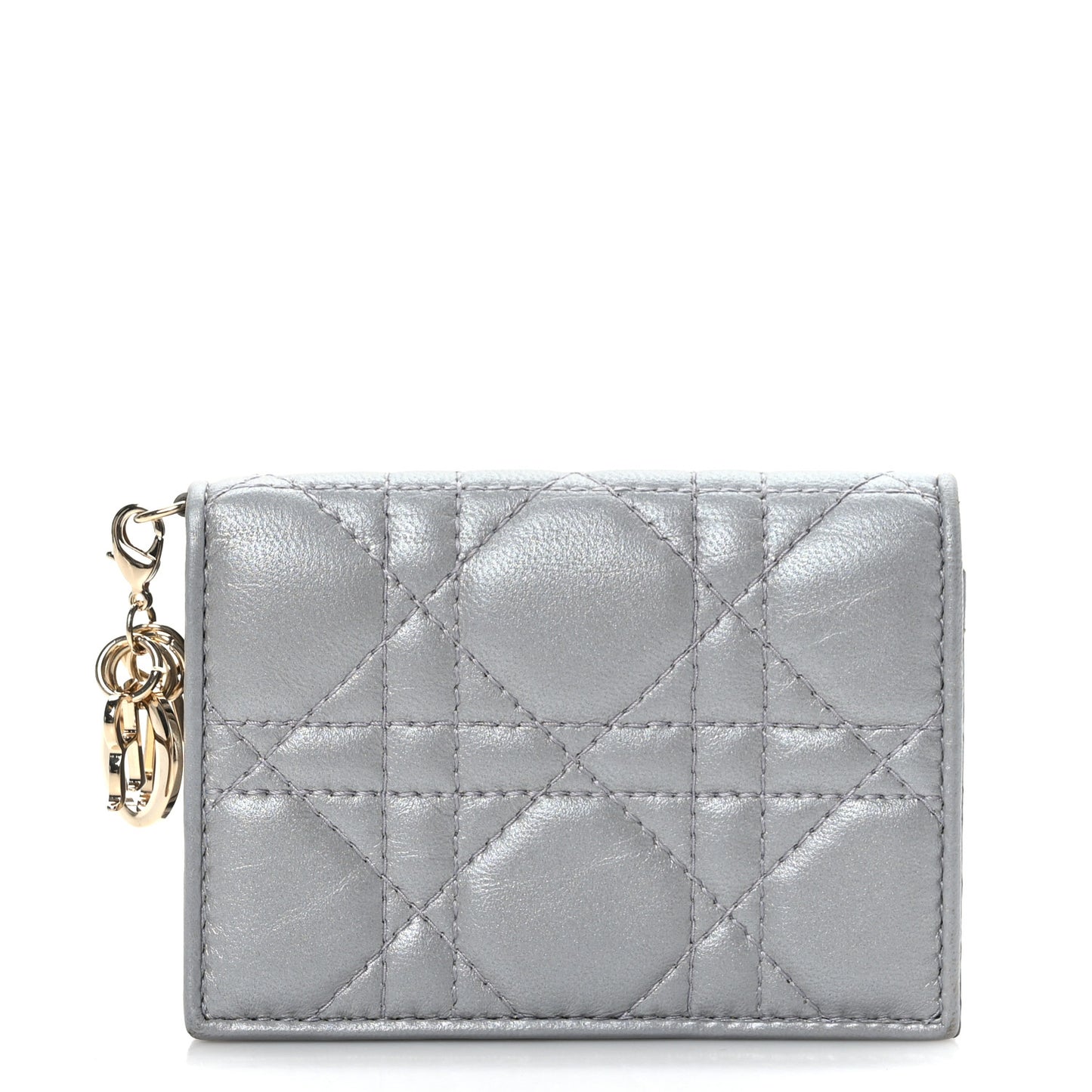 Metallic Lambskin Cannage SmallLady Dior Flap Card Holder Silver