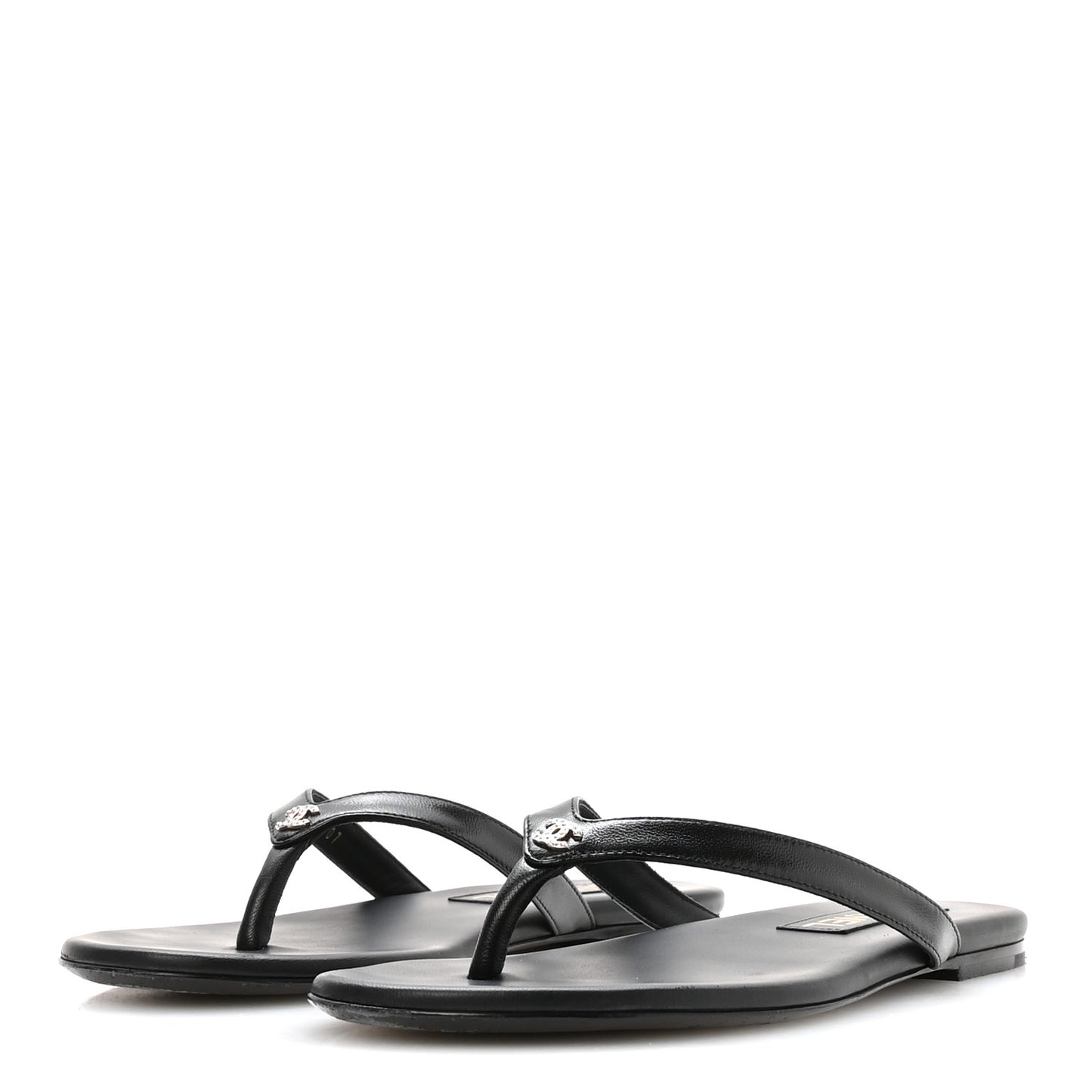 Shiny Lambskin Crystal CC Thong Sandals 37.5 Black