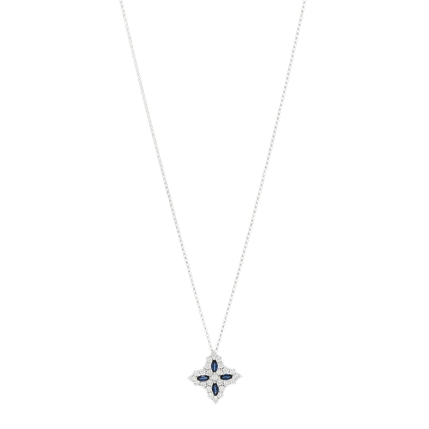 18K White Gold Diamond Blue Sapphire Large Princess Flower Pendant Necklace