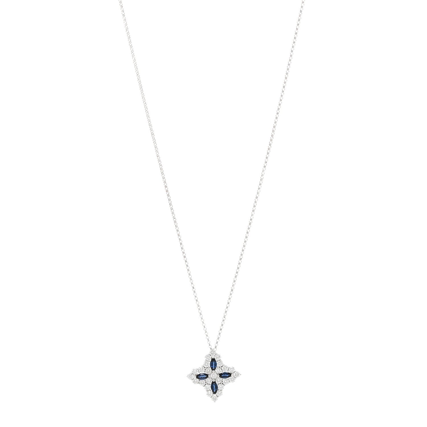 Roberto Coin 18K White Gold Diamond Blue Sapphire Large Princess Flower Pendant Necklace 1 of 6