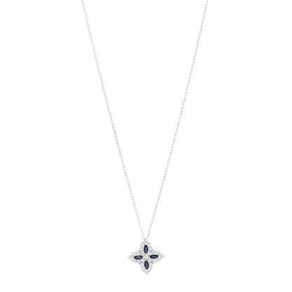 Roberto Coin 18K White Gold Diamond Blue Sapphire Large Princess Flower Pendant Necklace 1 of 6