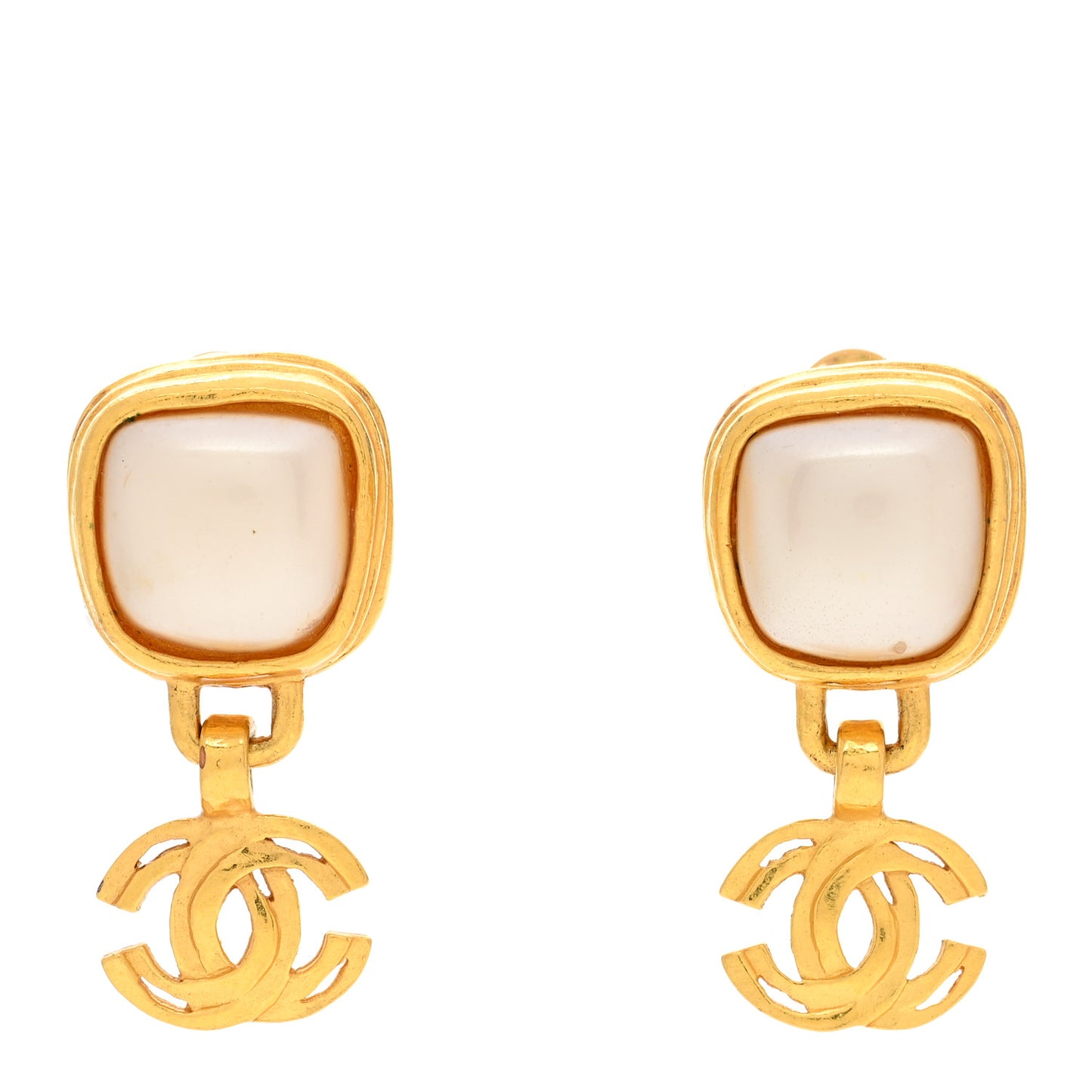 Pearl CC Dangle Clip On Earrings Gold