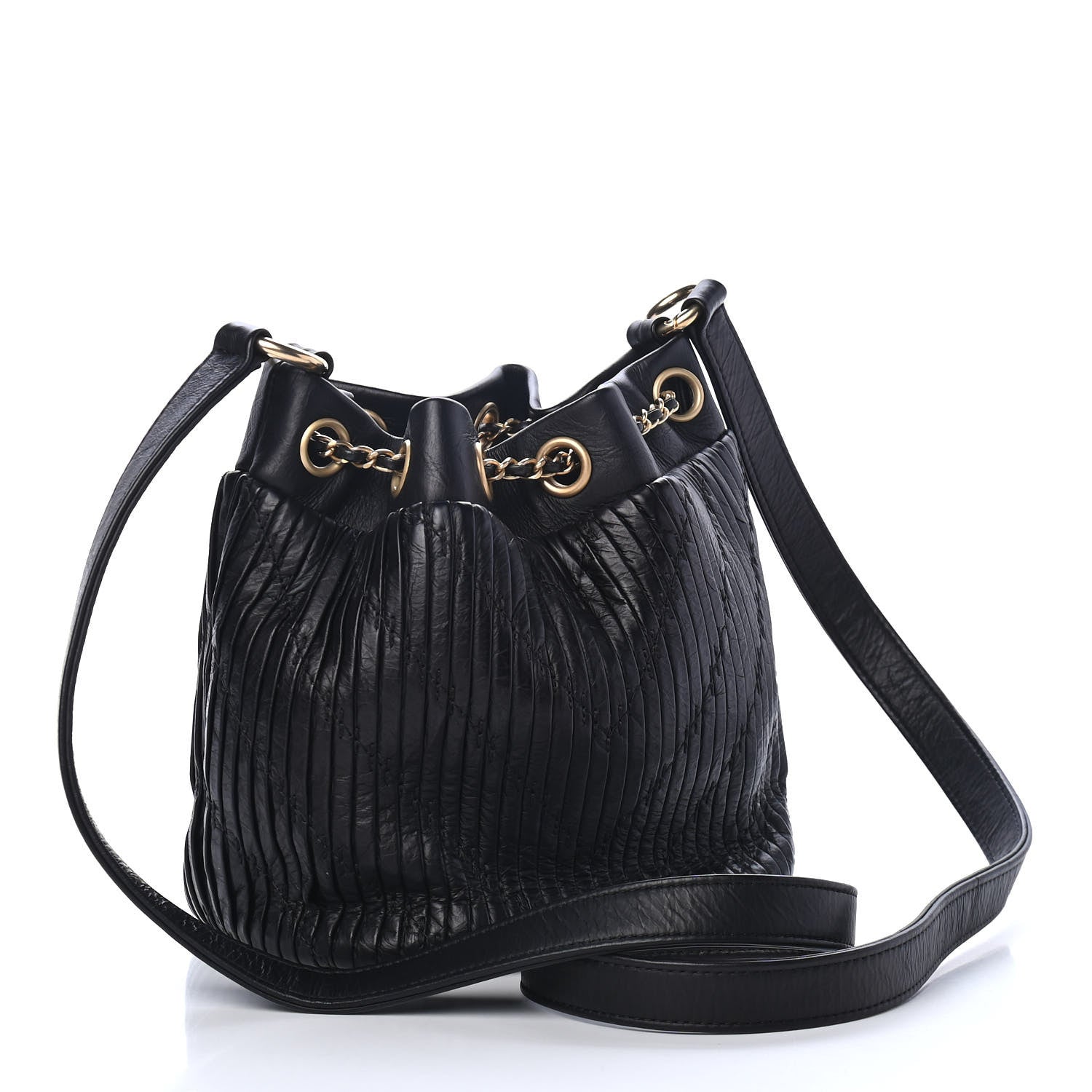 Chanel Iridescent Crumpled Calfskin Coco Pleats Small Drawstring Bag Black 2 of 4