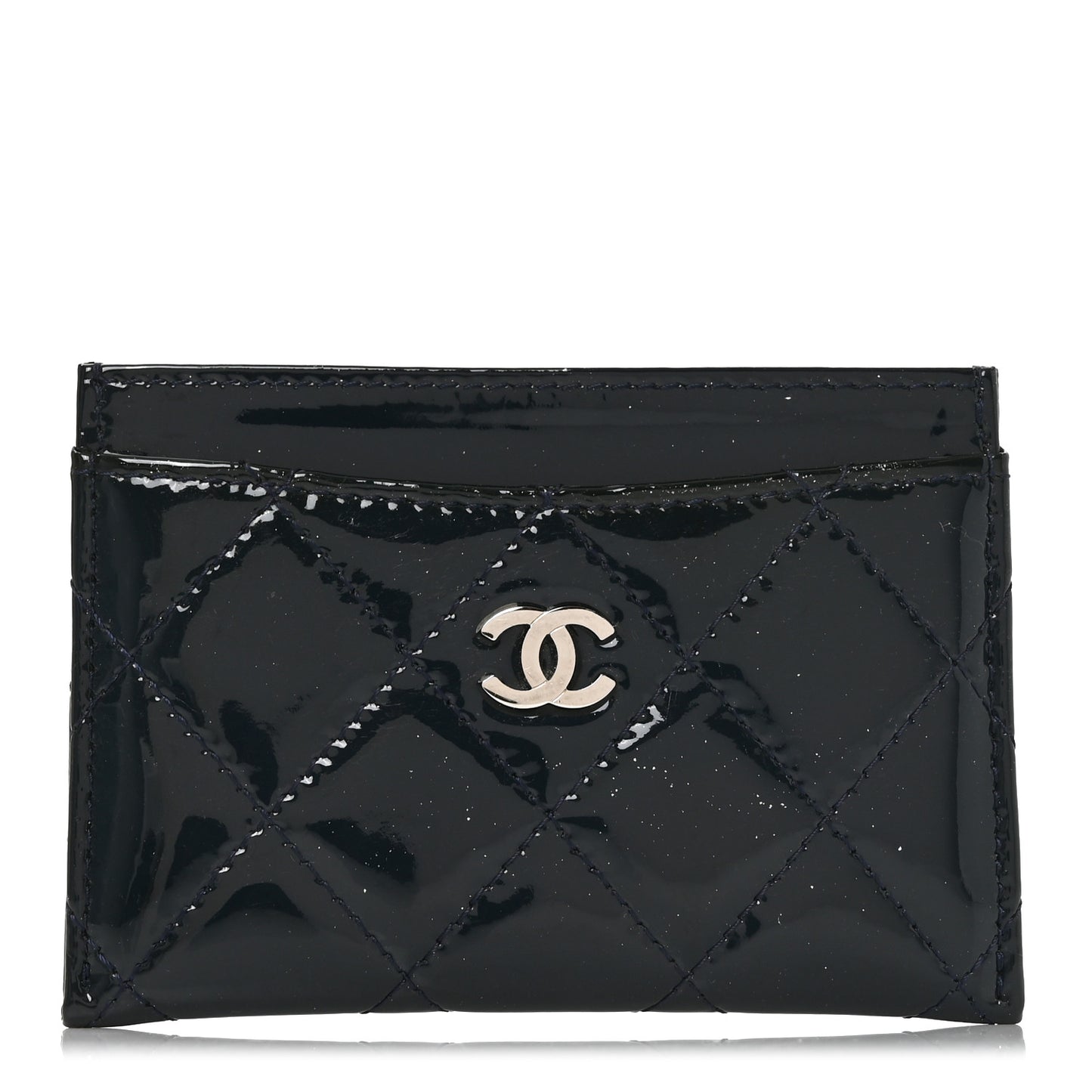 Patent Calfskin Quilted Card Holder Navy Blue