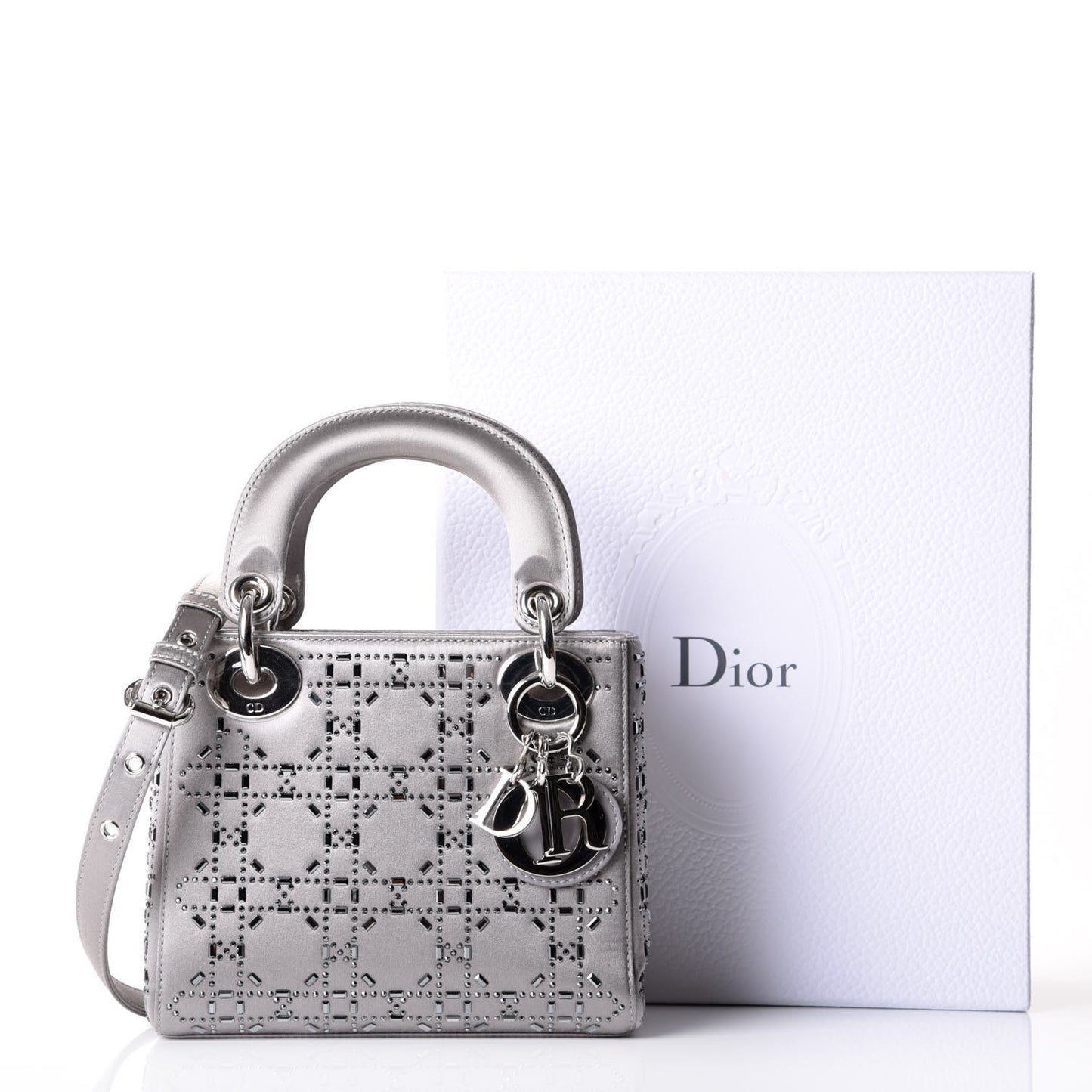 Satin Crystal Cannage Mini Lady Dior Gray