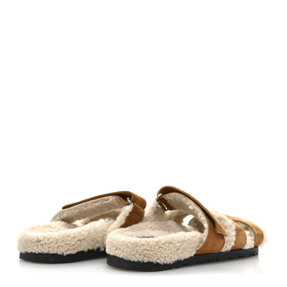 Hermes Suede Goatskin Woolskin Womens Chypre Sandals 37 Brun Fume Ecru 5 of 9