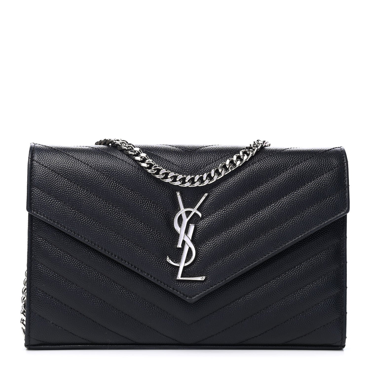 Saint Laurent Grain De Poudre Matelasse Chevron Monogram Chain Wallet Black 1 of 4