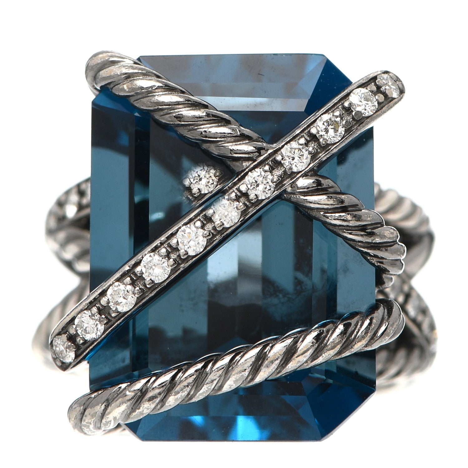 David Yurman Darkened Sterling Silver Diamond Hampton Blue Topaz 15mm Cable Wrap Ring 54 6.75 1 of 5