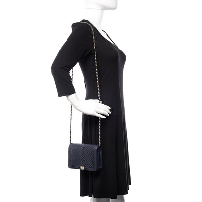 Chanel Caviar Chevron Quilted Boy Wallet On Chain WOC Blue 2 of 14