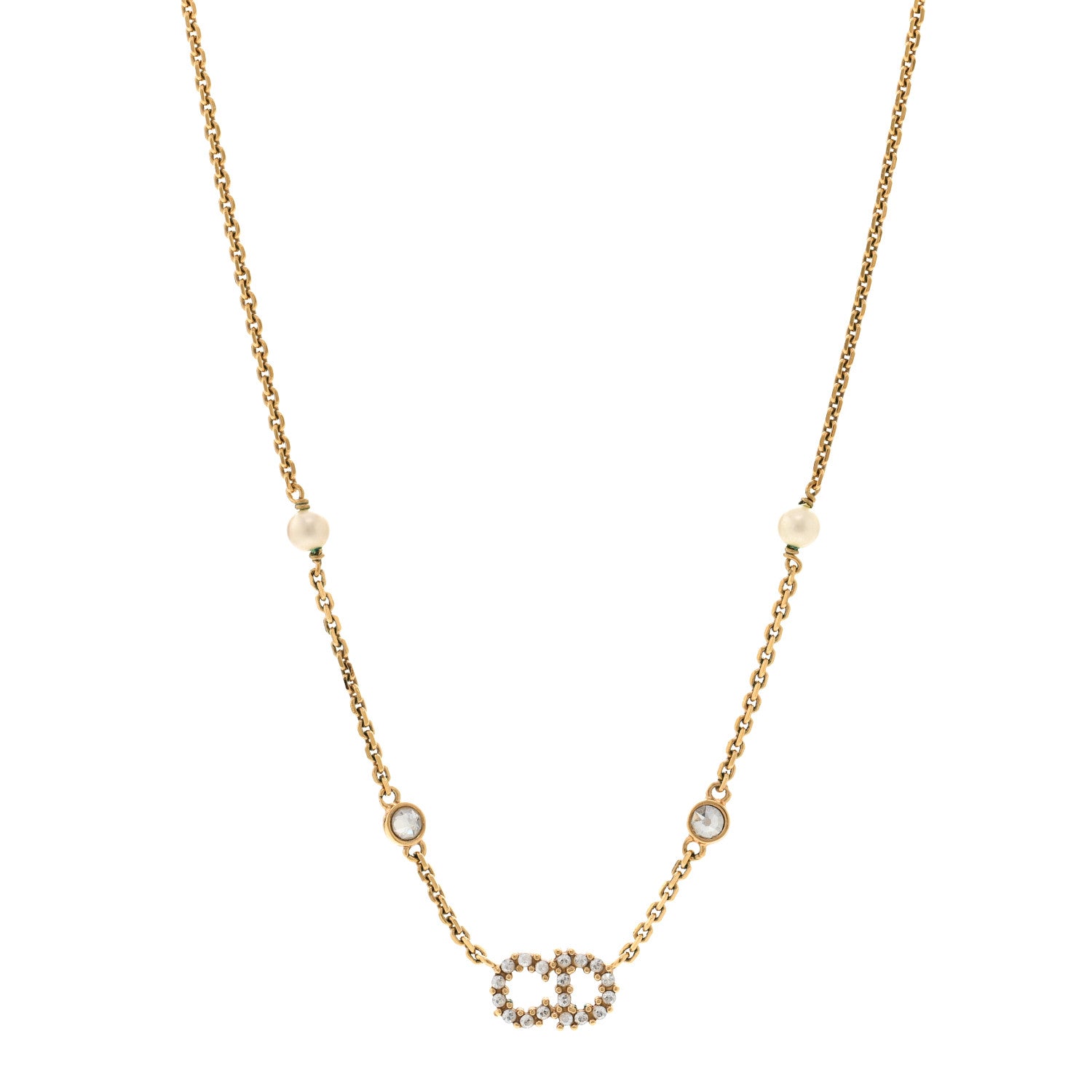 Christian Dior Metal Crystal Pearl Clair D Lune Necklace Gold 1 of 5
