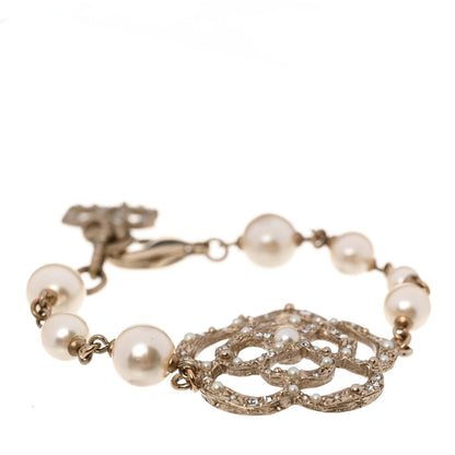 Chanel Swarovski Crystal Pearl Camellia CC Bracelet Gold 1 of 6