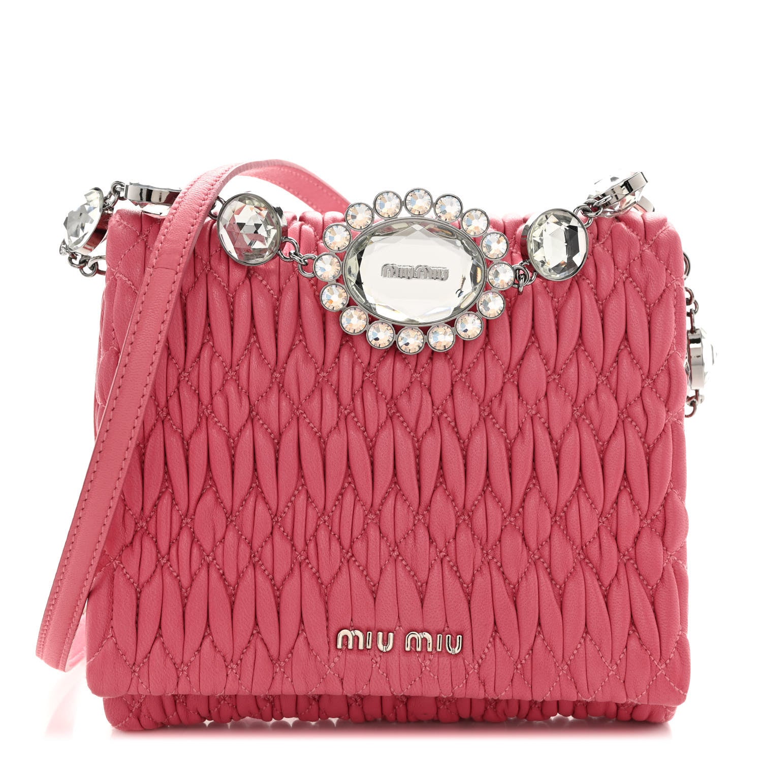 Miu Miu Nappa Matelasse Crystal Chain Crossbody Geranio 1 of 9