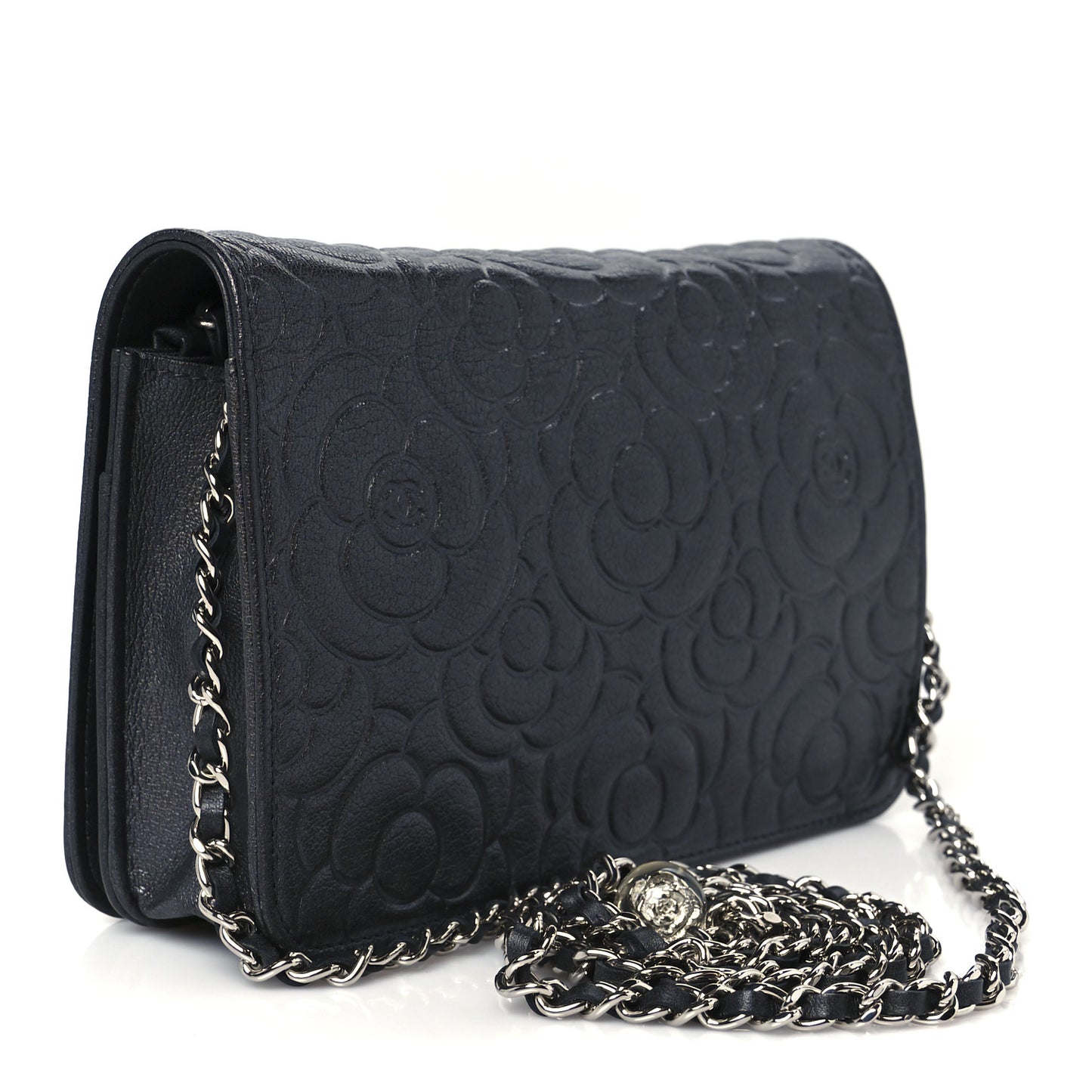 Goatskin Camellia Embossed Wallet On Chain WOC Grey