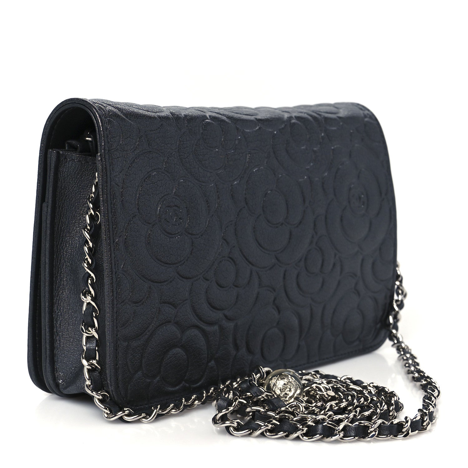 Chanel Goatskin Camellia Embossed Wallet On Chain WOC Grey 3 of 11
