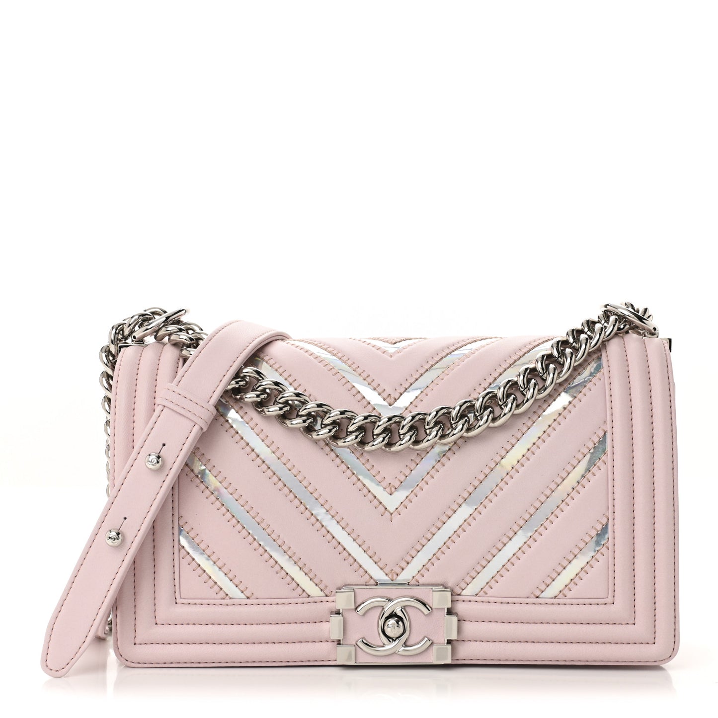 Lambskin Iridescent PVC Chevron Quilted Medium Boy Flap Pink Silver